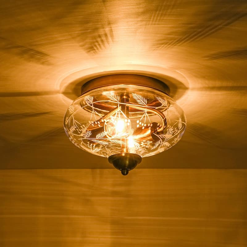 Decorative Round Clear Etched Art Glass Semi Flush Ceiling Light