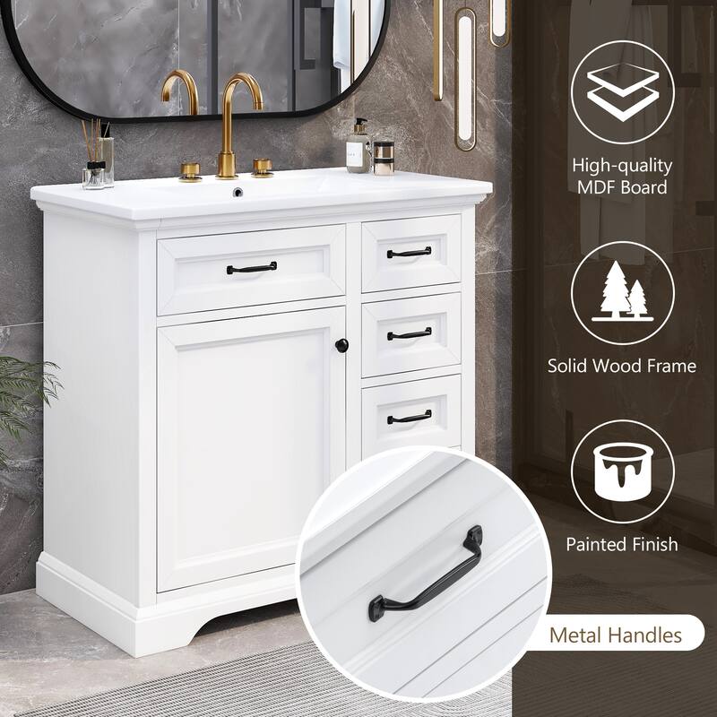 36'' Bathroom Vanity with Ceramic Sink, Solid Wood Frame Modern Storage Cabinet with Tip-Out Drawer & Soft Closing Doors