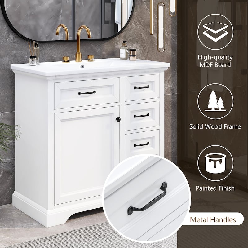Grey 36-Inch Bathroom Vanity with 2 Tip-Out Drawers, Ceramic Sink, and Painted Finish