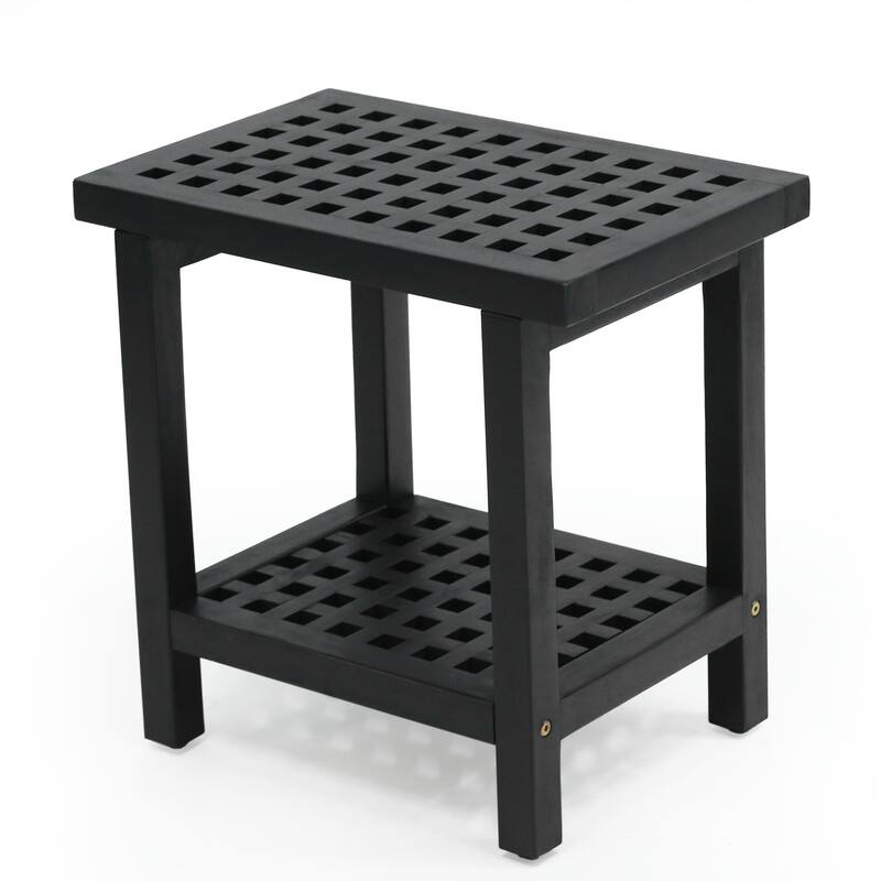Armin 18.1" Classic Grid Slat Solid Acacia Wood Indoor/Outdoor Shower Stool, By JONATHAN Y - 18.1L x 11.81W x 17.72H - Black