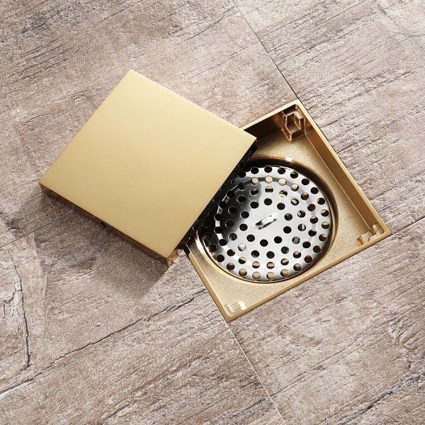 slide 2 of 4, polished gold 4 inch brass material shower drain with ABS base - 4 x 4