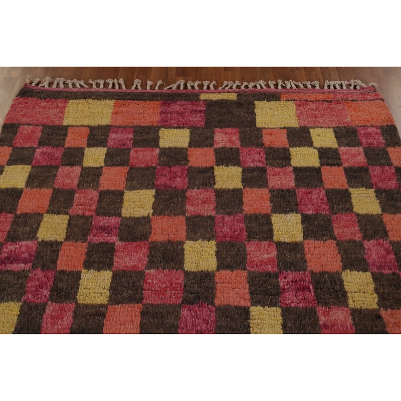 Checkered Pink Moroccan Oriental Area Rug Handmade Wool Carpet - 5'8" x 9'8"