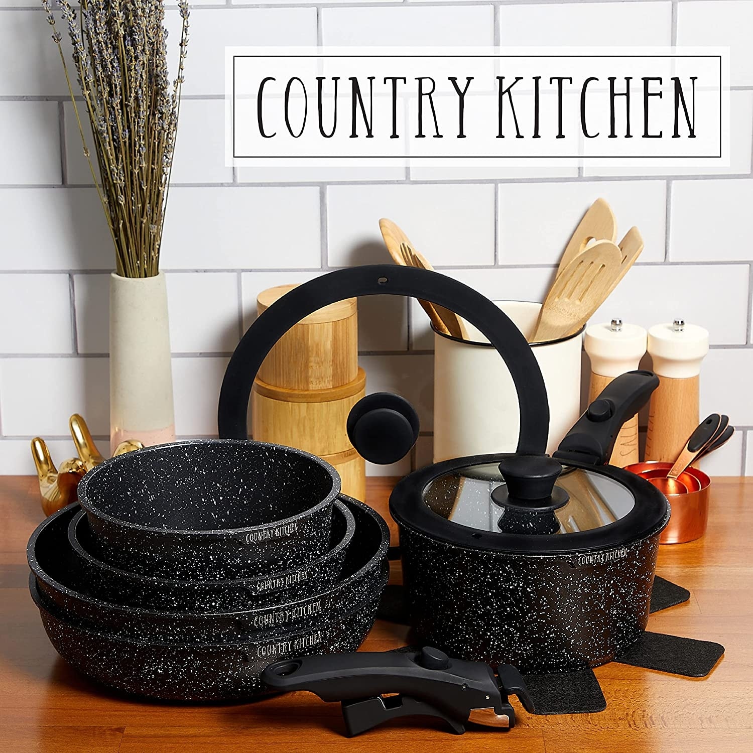Country Kitchen Pots and Pans Set Nonstick, 6 Piece Cookware Sets, Beige