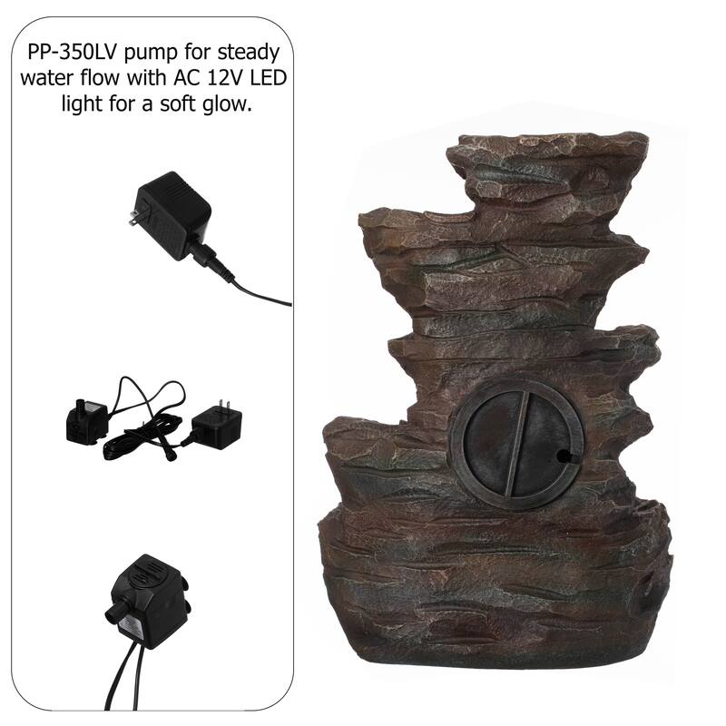 Cascading Electric Powered Rock Water Fountain with LED Lights 18.5" for Indoor and Outdoor Use