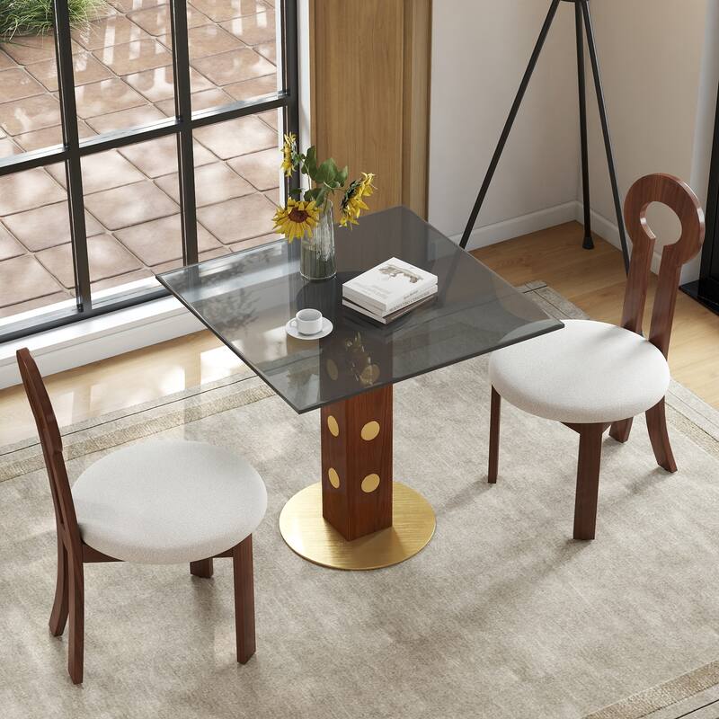 Modern Square Dining Table, 33.5" Tempered Glass Table with Wooden Leg & Gold Base, 2 - Person Kitchen Table for Small Space