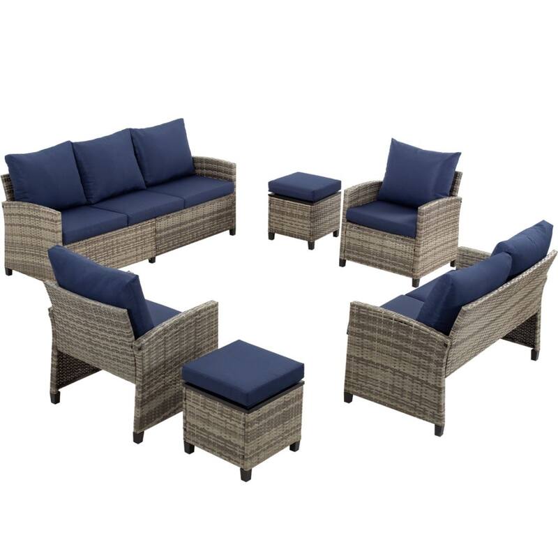 6pcs Wicker Patio Conversation Set Seating Loveseat Sofa with Ottomans