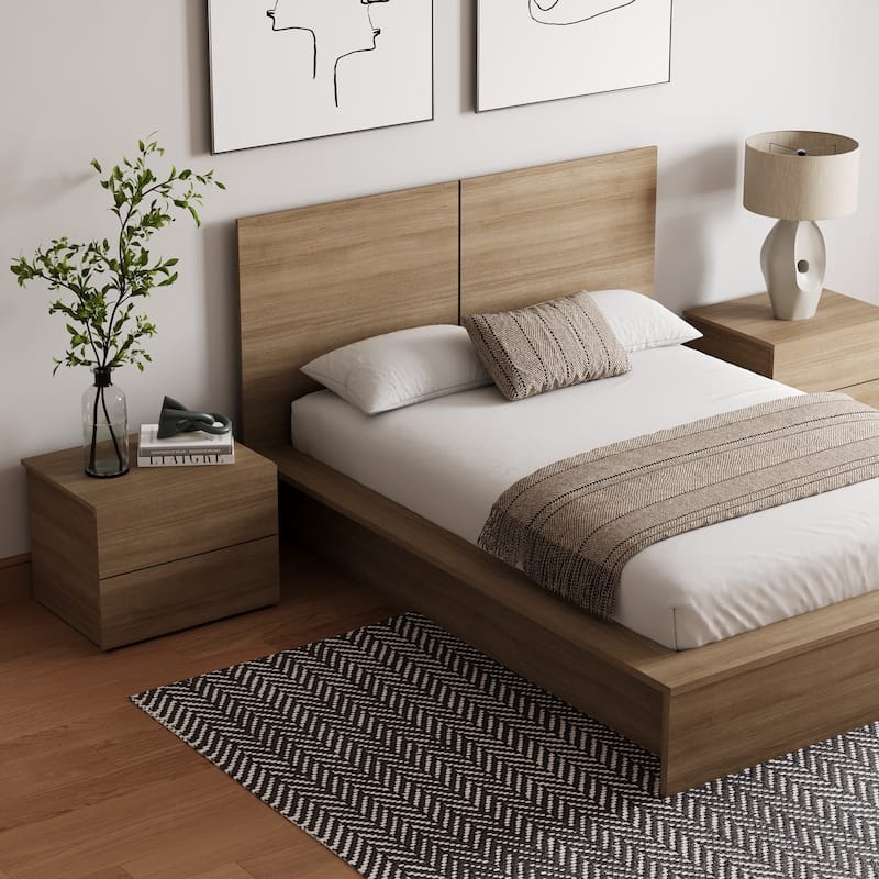 James 4-Piece Bedroom Set with Bed, Headboard, and 2 Nightstands - Brown Oak - Full