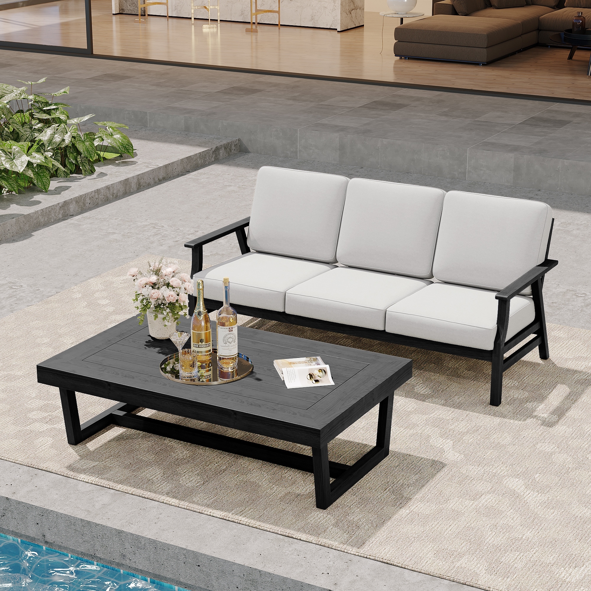 Casual Wood Outdoor Patio Sofa Loveseat with Cushion