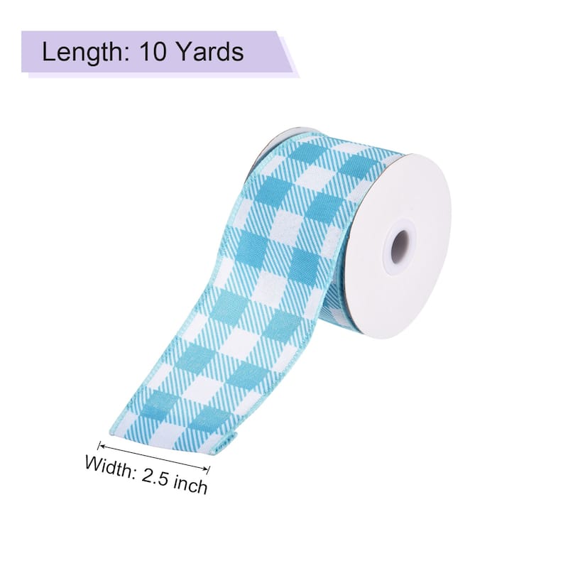 Plaid Check Ribbon, Wired Edge Gingham Ribbon for Gift Wrapping, Christmas Decoration - Sky Blue - 2.5 Inch x 10 Yards