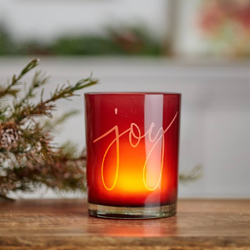 Red Glass Painted Candle Holders Set of 2 with Joy Message for Pillar and Votive Use - 4.5” x 4.5” x 7” (L x W x H)