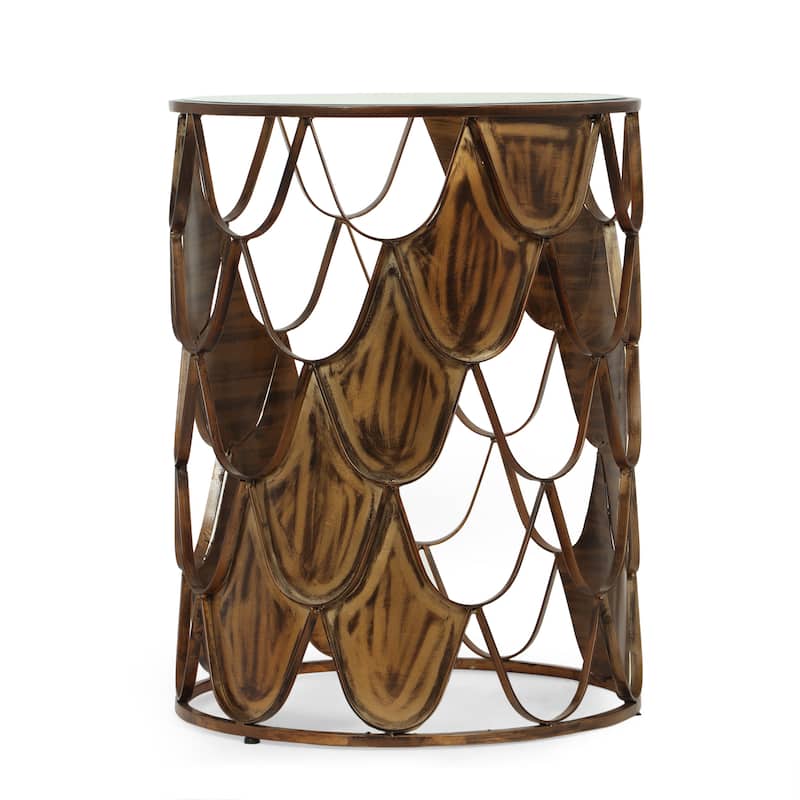 16" Boho Glam Designed Round Side Table with Tempered Glass Top and Iron Frame