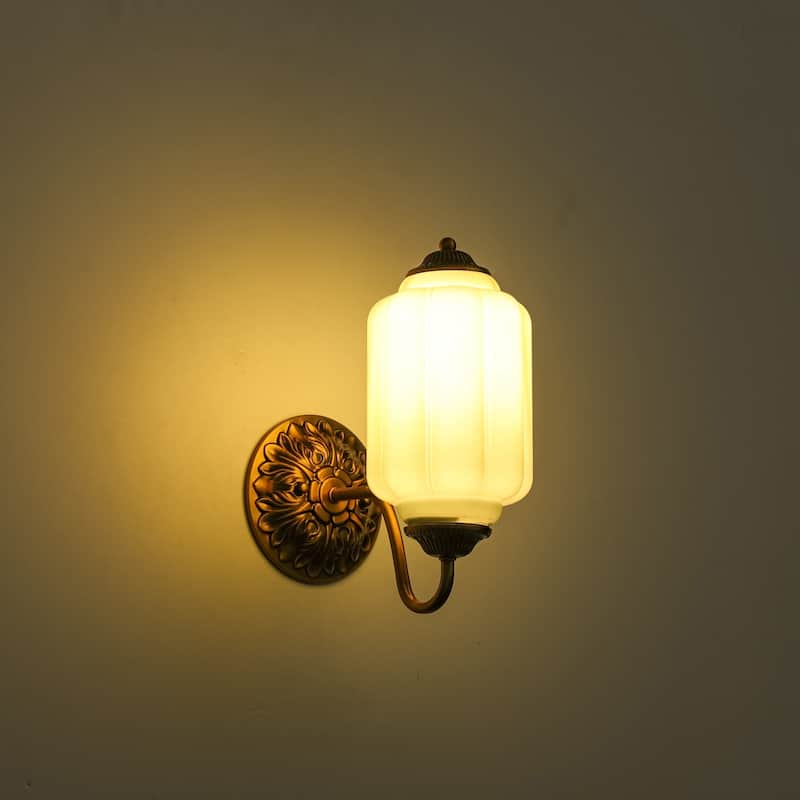 1-Light Vintage Antique Brass Finish Lantern Shaped Wall Light with Opal/Green Glass Shade for Bedroom, Hallways