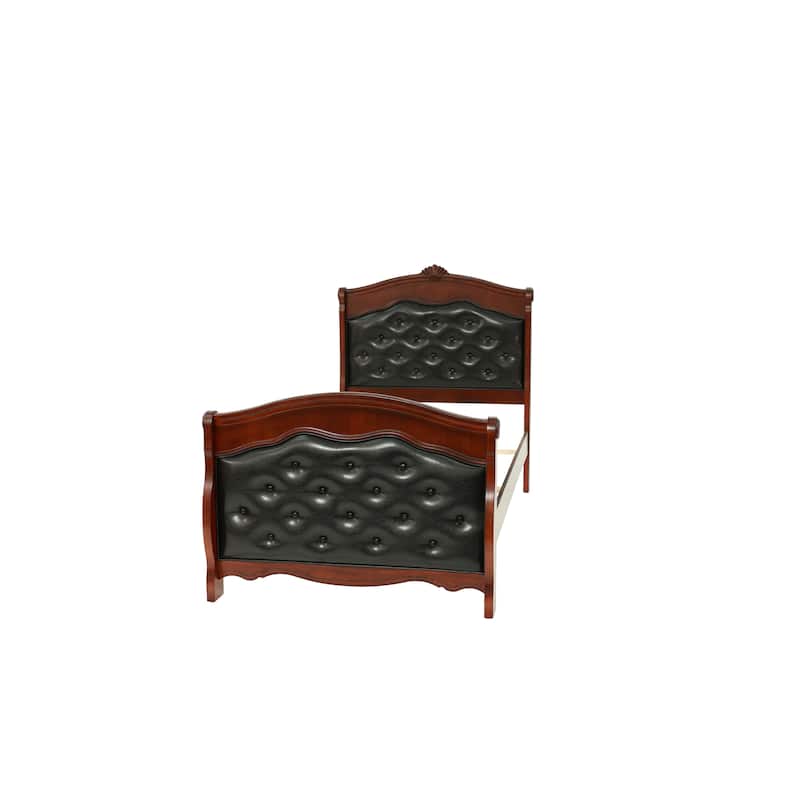 Dark Cherry Twin Size Bed Youth Bedroom Furniture Espresso Faux Leather Headboard Footboard Plywood 1pc Bedframe