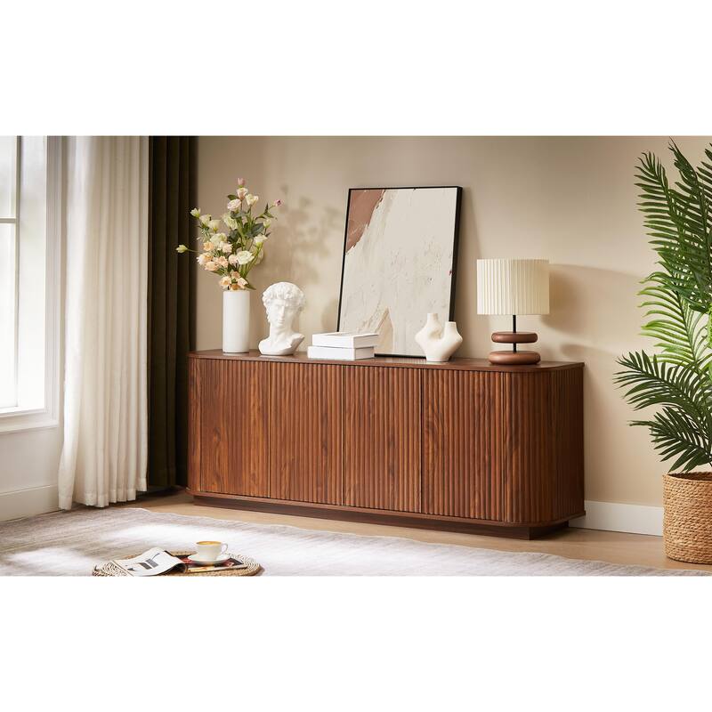 Anmytek Mid-Century Modern Fluted Sideboard with Adjustable Shelves Walnut Finish Buffet TV Stand