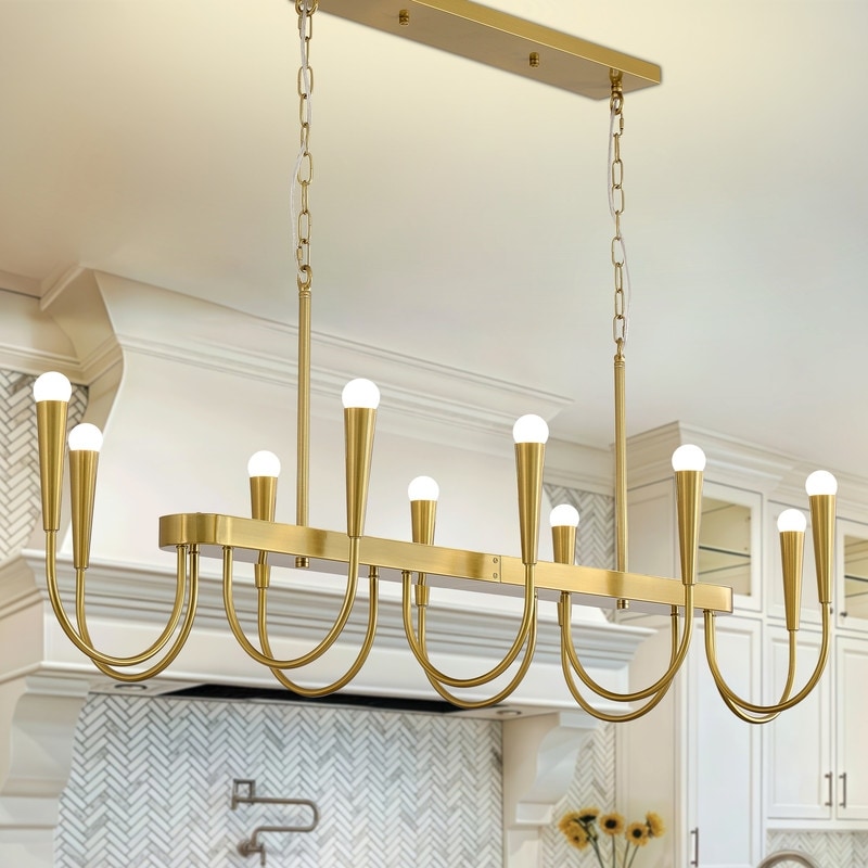 Modern Farmhouse Linear Chandelier Gold and Black Adjustable Industrial Pendant Light for Dining Room Kitchen Island