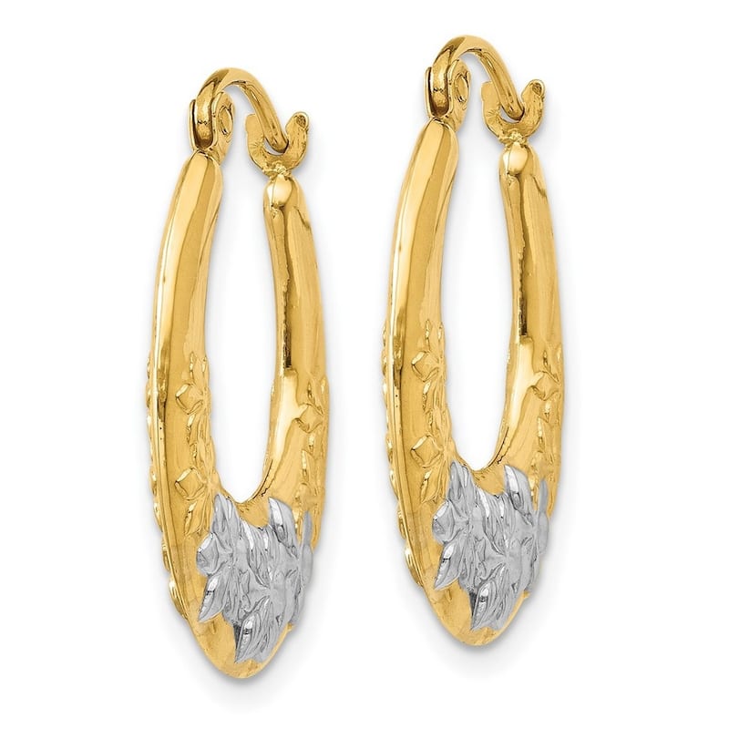 Curata 14k Yellow Gold22x3mm and Rhodium Flowers Hoop Earrings