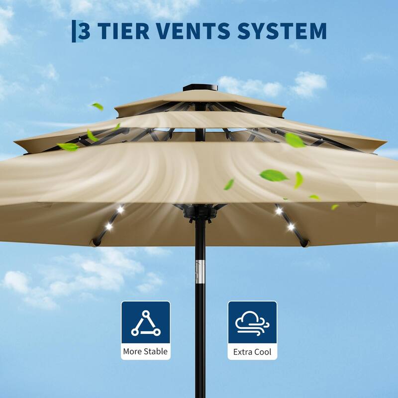 3-Tier Solar Patio Umbrella, with LED Lights and Vents