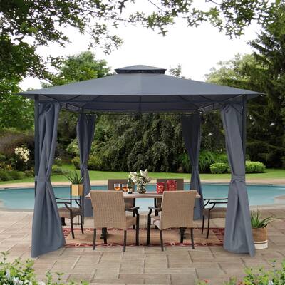 10' x 10' Outdoor Patio Garden Gazebo Canopy, Outdoor Shading with Steel Roof, Gazebo Tent With Curtains
