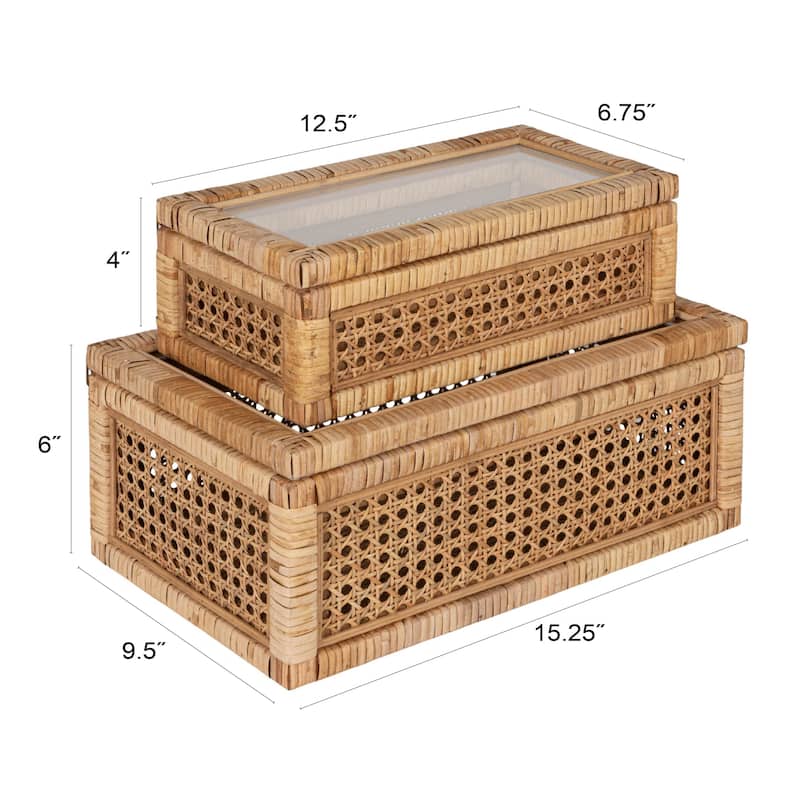 Woven Rattan Display Boxes with Glass Lids & Fir Wood Frame