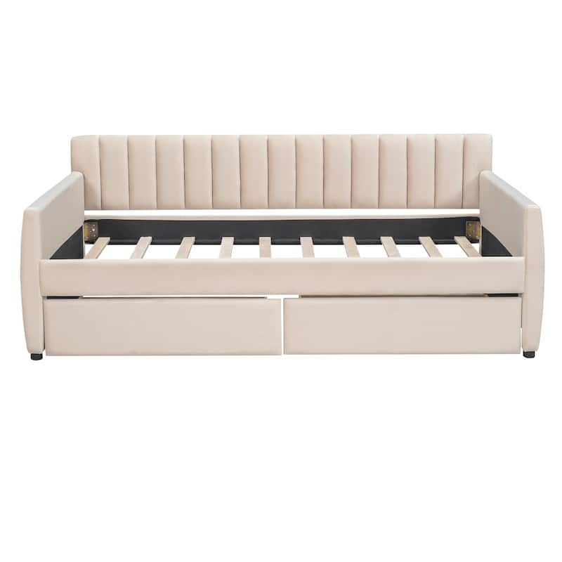 Twin Velvet Daybed with Trundle & Wood Slats