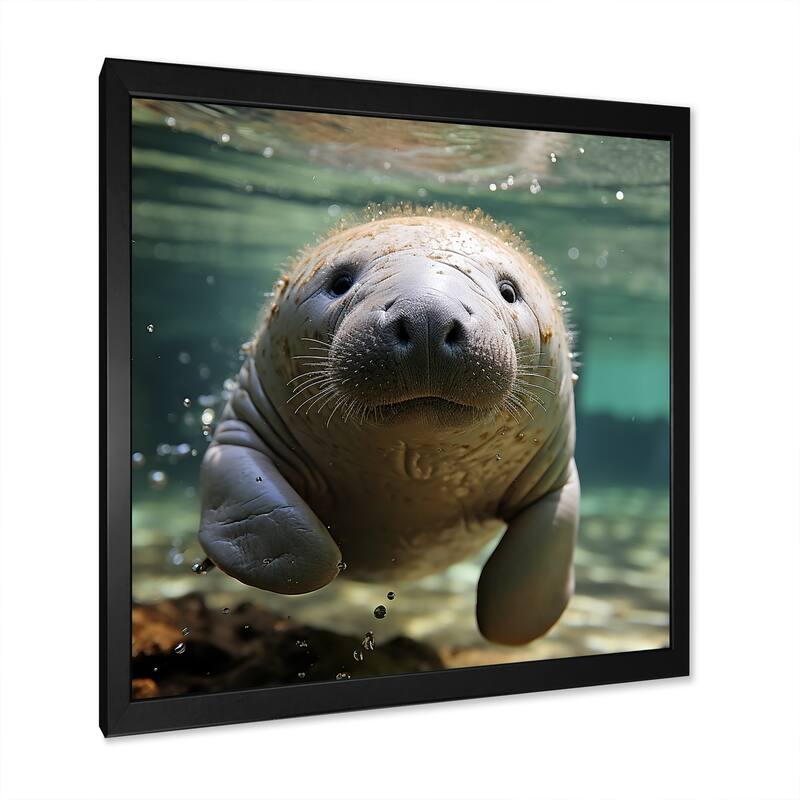 Designart "Curious Manatee Gaze II" Manatee Wall Decor Blue Modern Entryway Framed Wall Art Print
