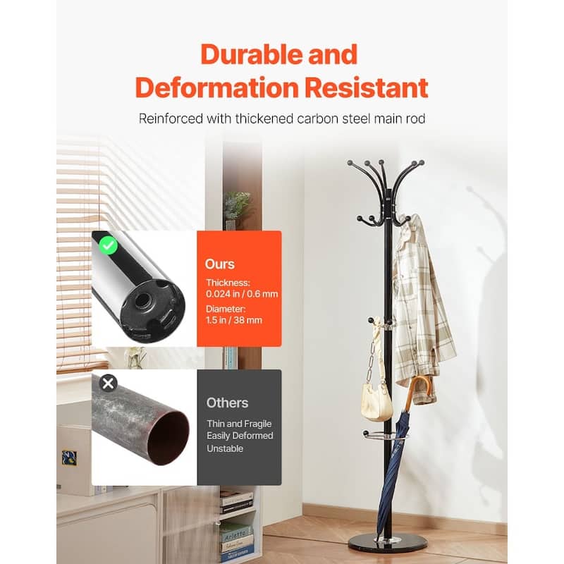 Black 14 Hooks Freestanding Coat Rack with Thick Carbon Steel Rod and Stable Marble Base - 14.57” x 14.57” x 69.29”