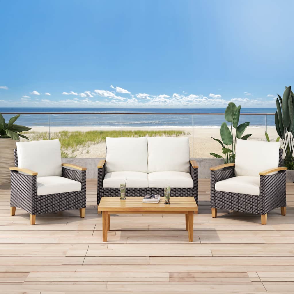 Roomfitters Isla 4-Piece Outdoor Chat Set, Patio Conversation Furniture with Chairs, Loveseat and Table, Teak
