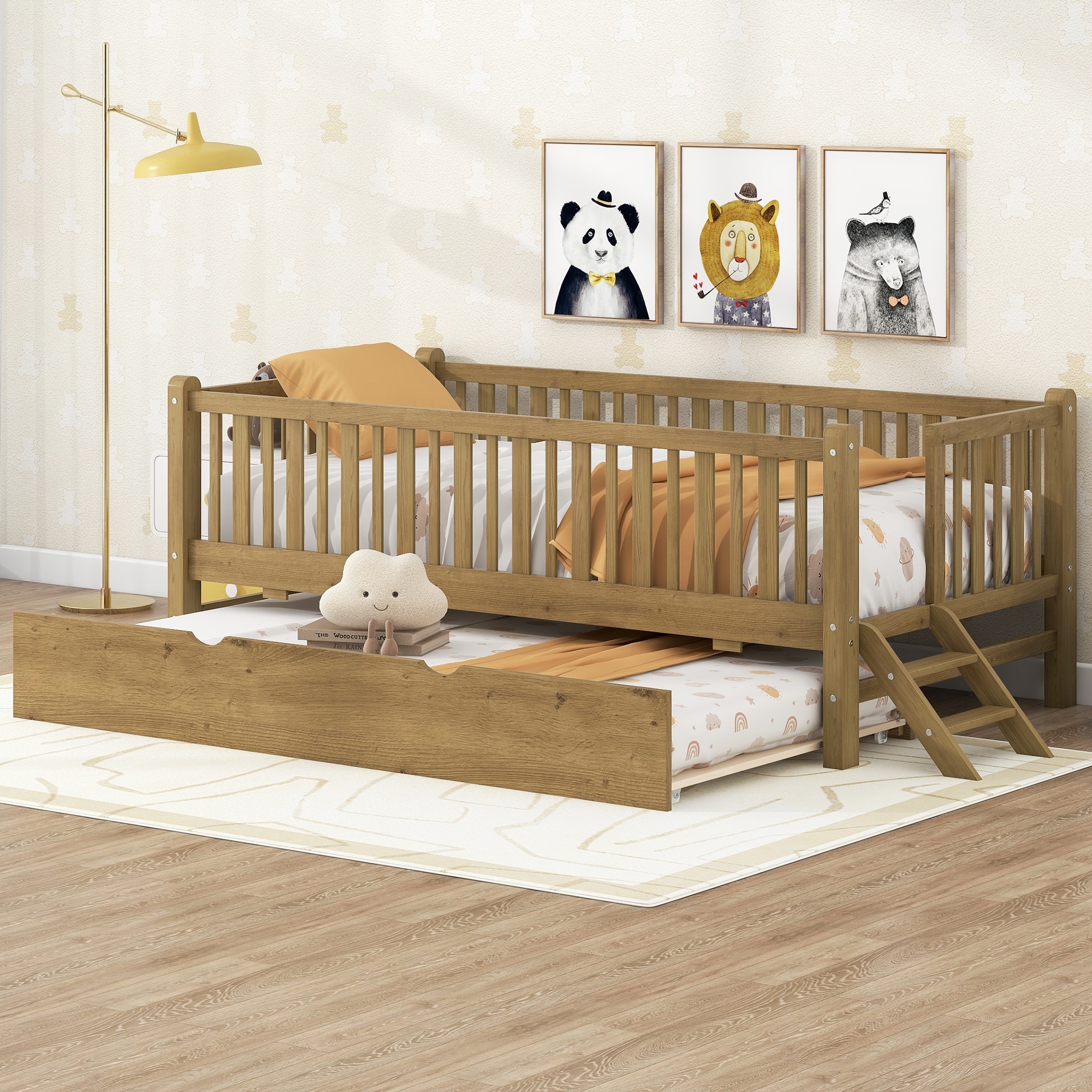 GDFStudio - Wood Twin Platform Bed with Guardrail, Trundle and Storage, Walnut