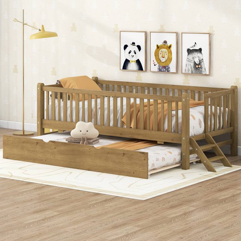 Low Loft Bed Frame with Semi-enclosed Fence and Stairs, Twin Size Daybed Optional with Trundle Bed or Drawers, Wood Platform Bed