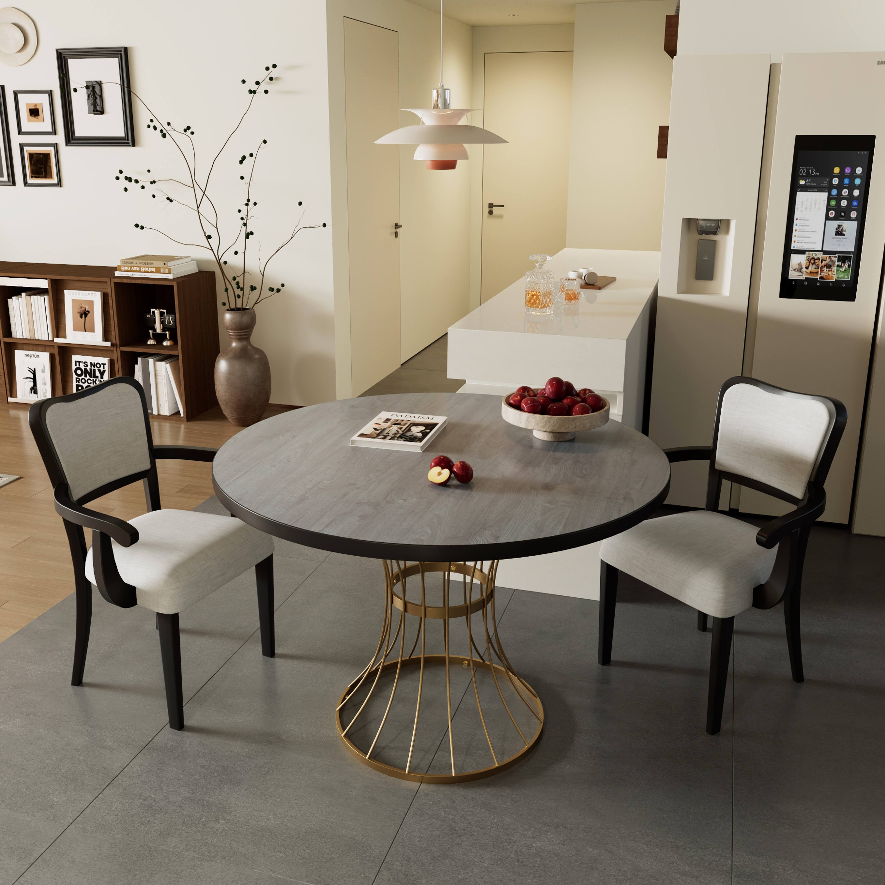 Three Piece Round Dining Set Solid Wood Look Veneer Table And Two Upholstered Chairs Heavy Duty Iron Base Space Saving