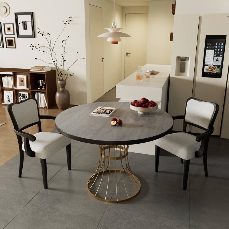 Wood Dining Table Set for 2, 3-Piece Mid-Century Modern Wooden Dining Set with Round Table and 2 Upholstered Chairs