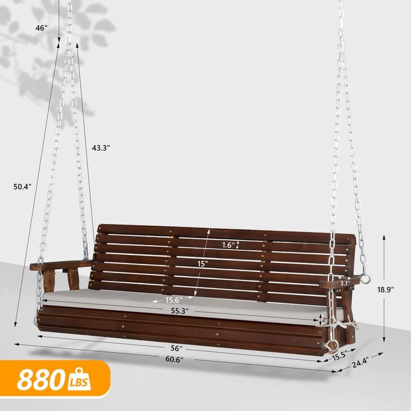 5 ft. 3-Person Wood Outdoor Porch Swing with Cushion - N/A
