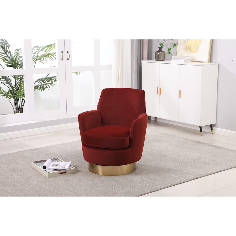 Red Velvet Modern 29.3" Upholstered Swivel Barrel Chair with Gold Stainless Steel Base