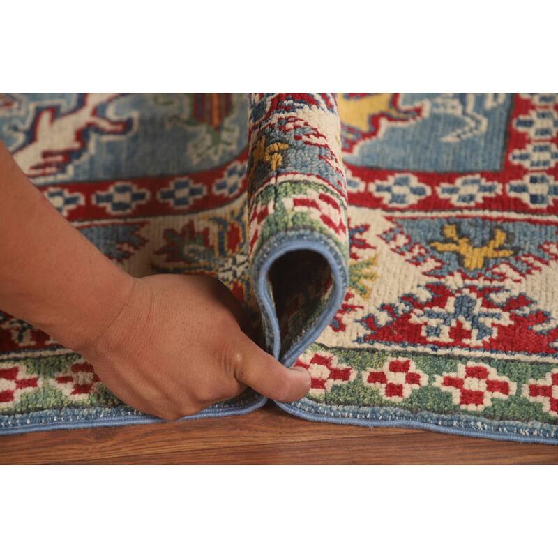 Light Blue Geometric Kazak Area Rug Hand-Knotted Wool Carpet - 4'10" x 6'7"