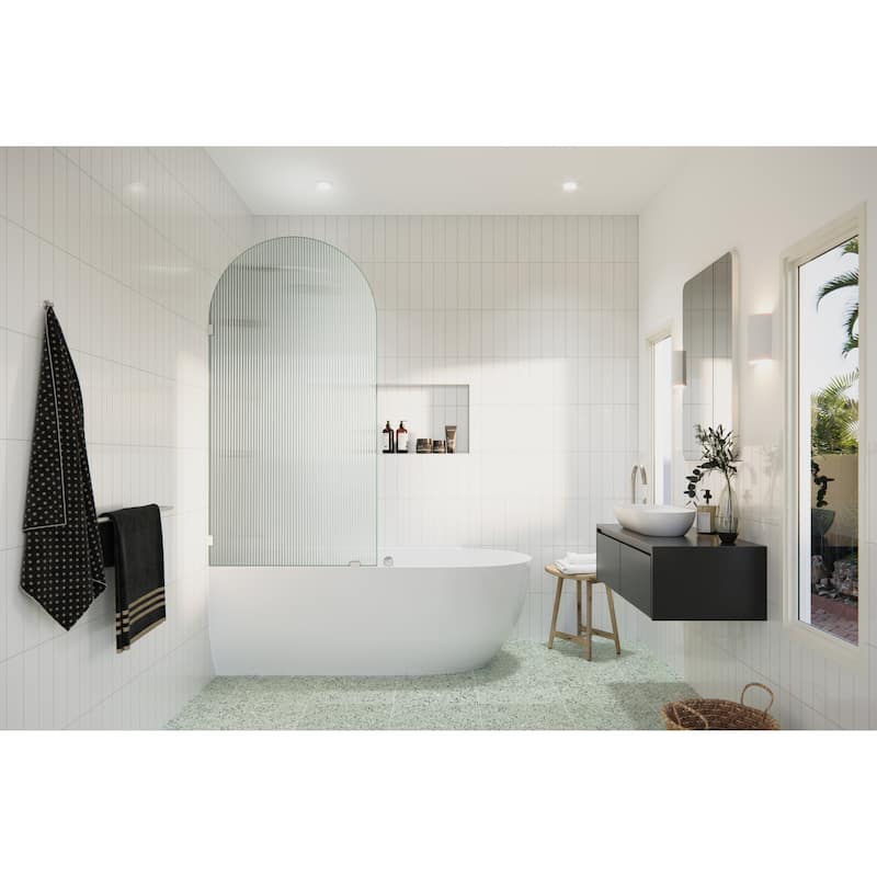 Venus 34 in. x 66.75 in. Single Fixed Frameless Arched Fluted Frosted Bathtub Panel