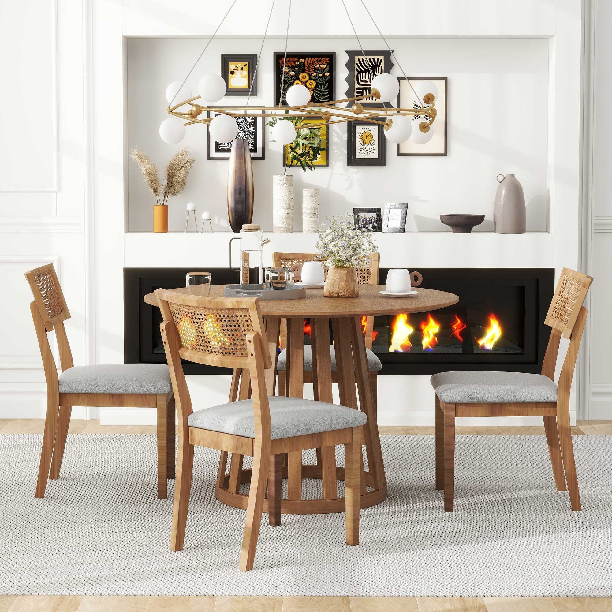 Vintage 5-Piece Dining Set with Round Oak Veneer Table and Rattan