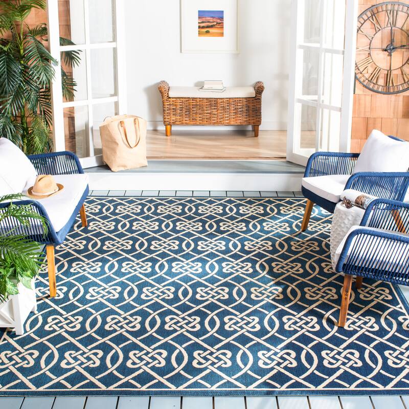 SAFAVIEH Courtyard Dursine Indoor/ Outdoor Waterproof Patio Backyard Rug - 8' x 11' - Navy/Light Beige