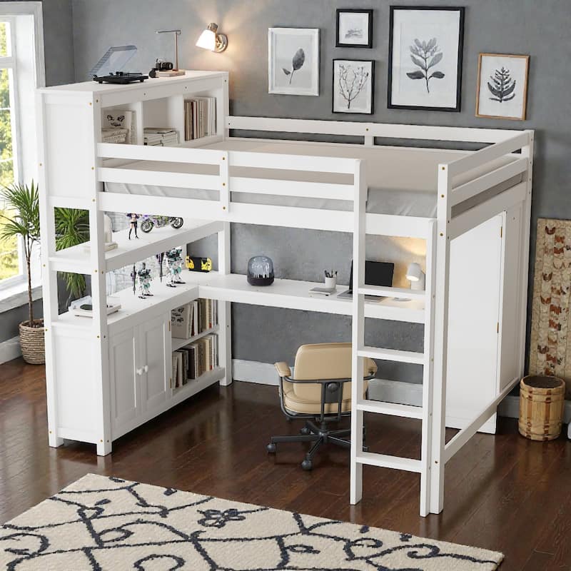 Queen Wood Loft Bed with Wardrobe, Desk & Bookshelf, Space-Saving Loft Bed with Storage Cabinet and Ladder for Kids & Teens
