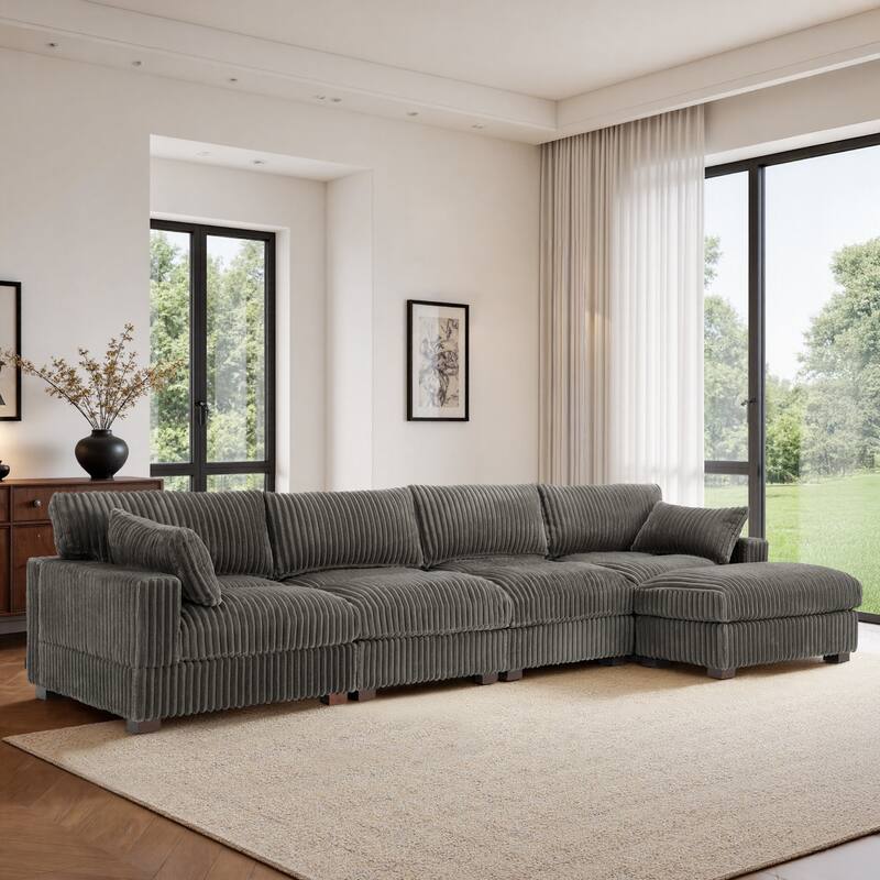Plush Flannel Modular Sectional Sofa for Living Room - Light Grey-5-Piece