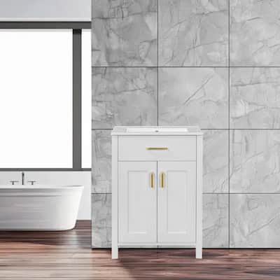 24" Bathroom Vanity with Ceramic Sink, Soft-Close Doors, and Adjustable Shelf - Compact & Modern