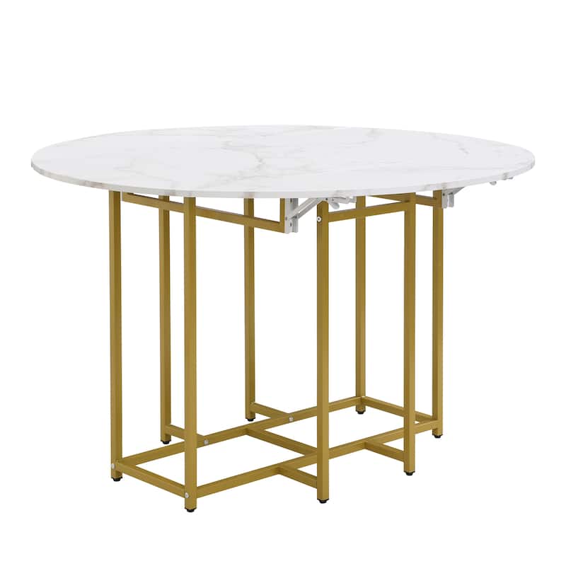 5-Piece Extendable Kitchen Dining Table Set- Round Faux Marble Top, 4 Upholstered Chairs, Compact Foldable Design