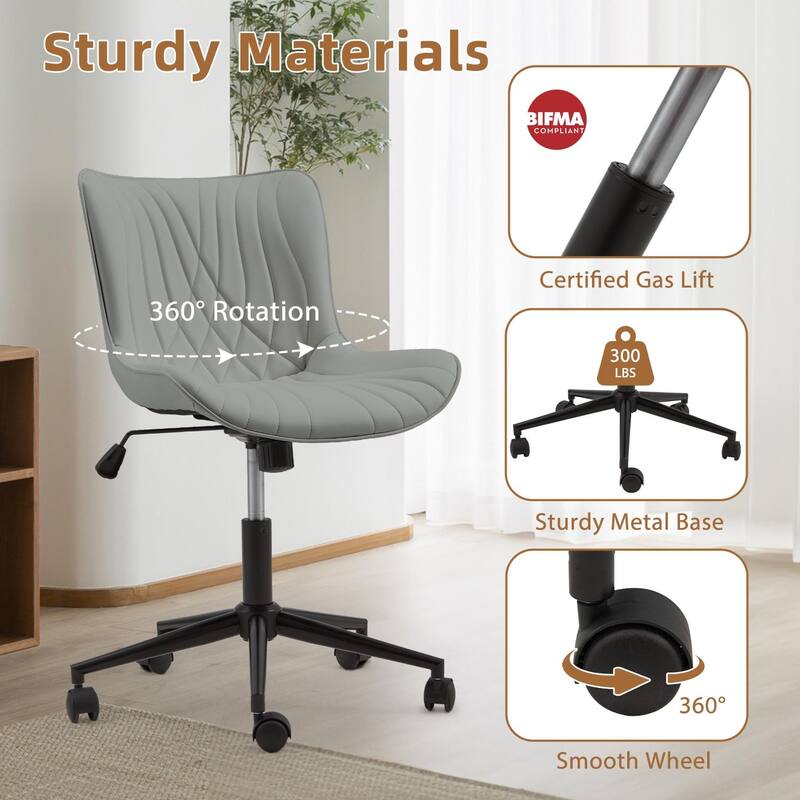 EROMMY Armless Office Chair with Wheels, Adjustable Swivel Modern Faux Leather Vanity Chair with Backrest, Ergonomic Rocking