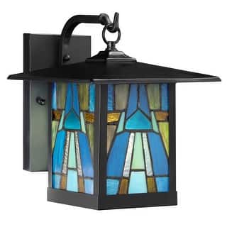 River of Goods Aqua Stained Glass and Black 1-Light Outdoor Lantern Wall Sconce - Aqua/Blue