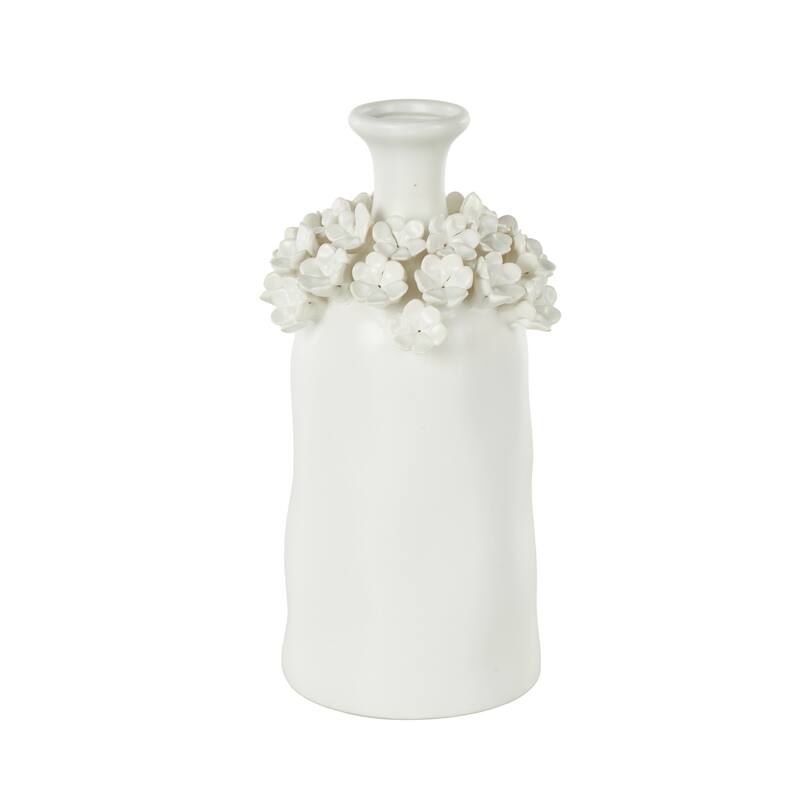 Ceramic Floral Round Vase with Narrow Opening - White - Roche River Decor