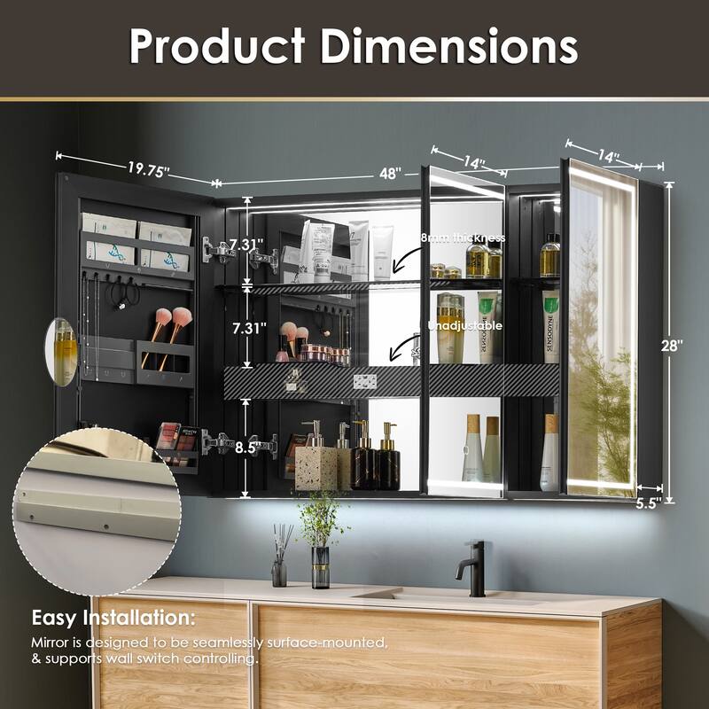 Hesili Rectangular Frameless LED Lighted Bathroom Mirror Medicine Cabinet