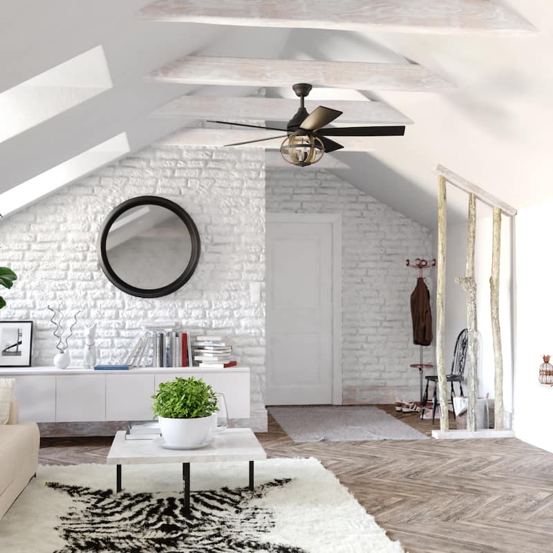 Huron Black and Burnished Teak Farmhouse Indoor Ceiling Fan with LED Cage Light Kit and Remote - 52-in W x 21-in H x 52-in D