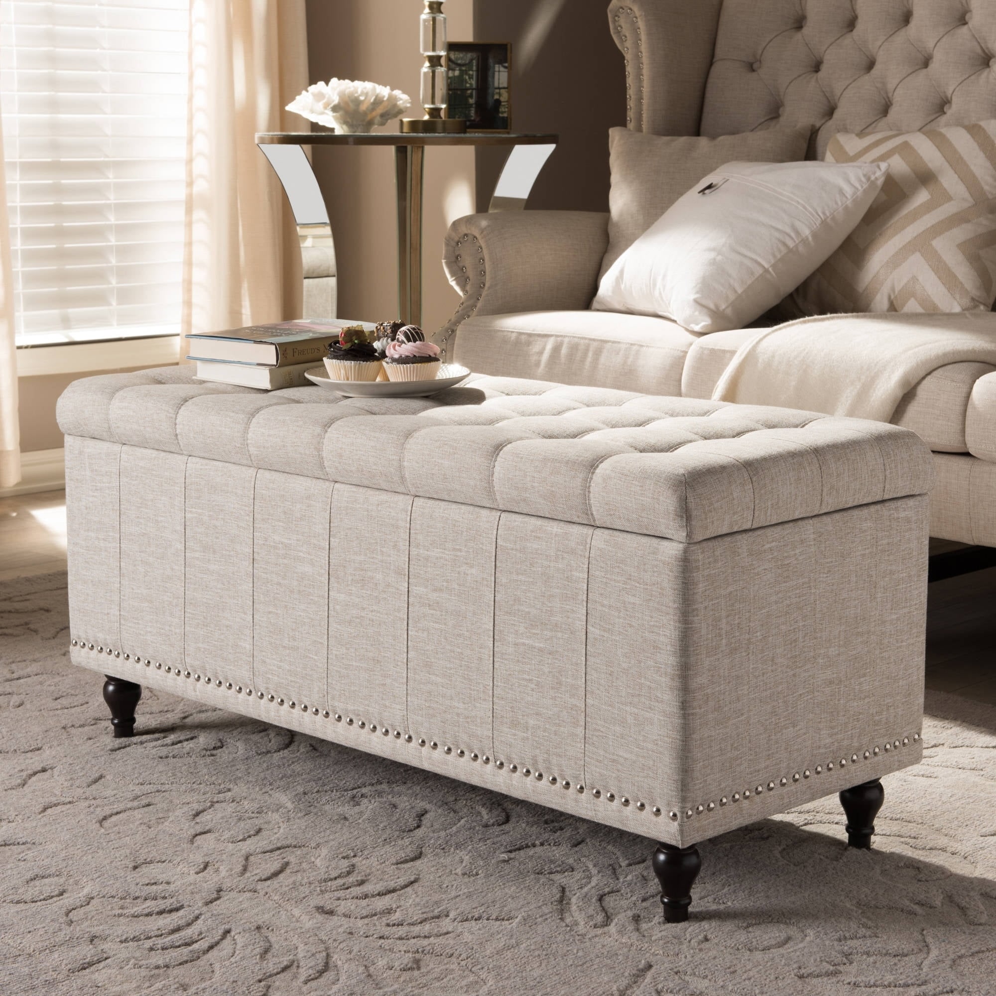 Modern Classic Beige Fabric Upholstered Button-Tufting Storage Ottoman Bench with Internal Storage Space