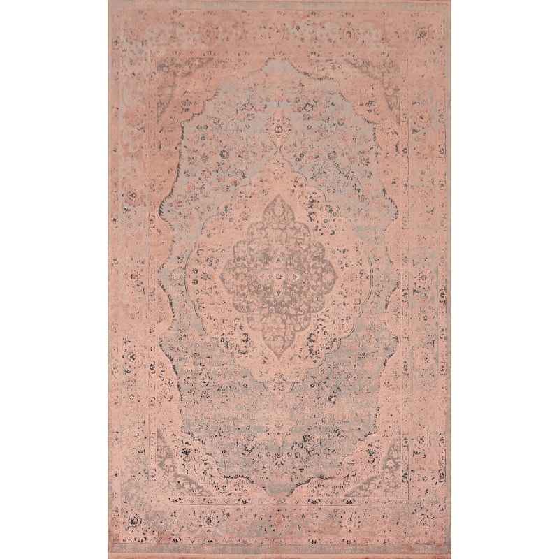 Machine Made Oriental Polyester Carpet Traditional Floral Coral Tabriz Area Rug - 7' 5'' X 5' 2''