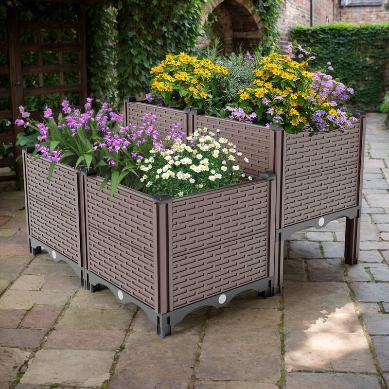 Dark Brown Polypropylene Raised Garden Bed Planter Box with Drainage System for Gardening - 31.5” x 31.5”W x 18.8”