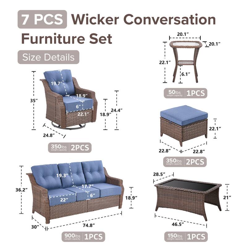 Gymojoy Wicker Patio Furniture Sofa Set, 6-Inch Ultra Thick Cushioned 360°Swivel Glider Chairs & Sofa Set